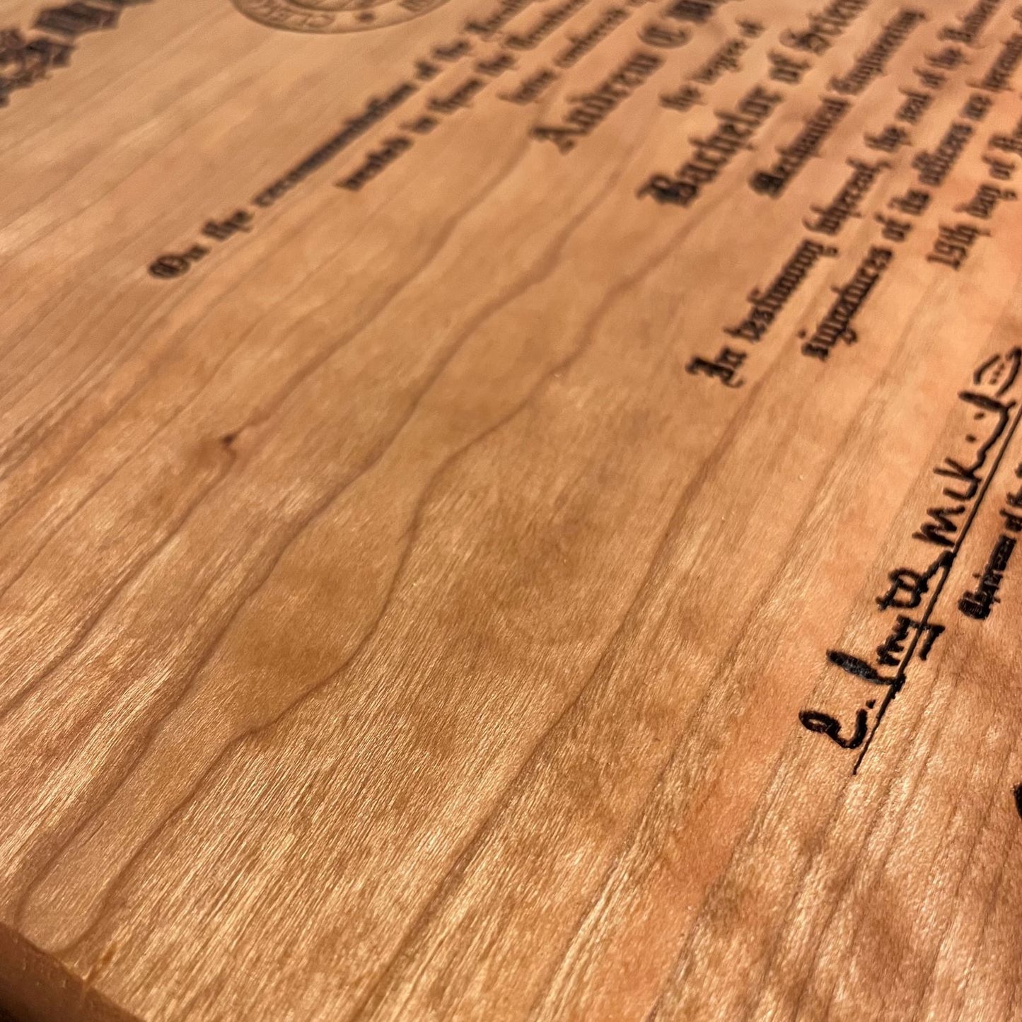 Custom Engraved Cherry Certificate (12" x 15")